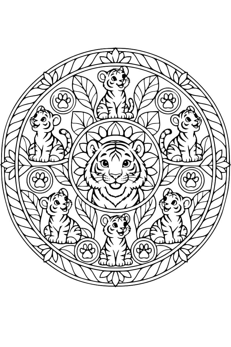 Dessin circulaire en noir et blanc avec une tête de tigre au centre, entourée de pétales, de six tigreaux assis et de six empreintes de pattes dans des cercles, le tout bordé de feuilles et de fleurs.