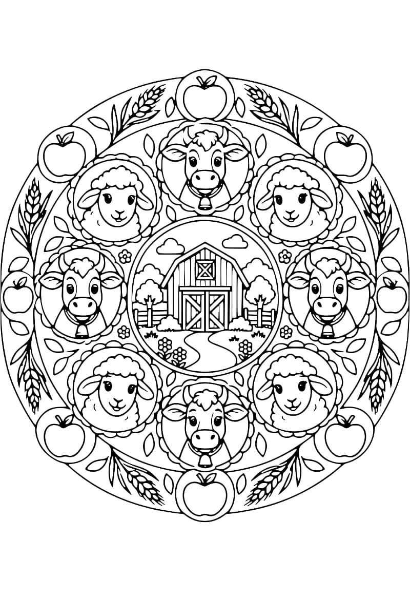 Dessin circulaire en noir et blanc représentant une grange au centre, entourée de vaches, de moutons, de pommes, de feuilles et d’épis de blé.