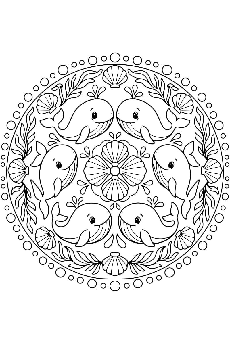 Dessin en noir et blanc de six baleines disposées en cercle autour d’une rosace de coquillages, avec des jets d’eau, une couronne d’algues et de coquillages et une bordure de bulles.