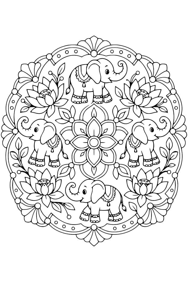 Dessin en noir et blanc de quatre éléphanteaux ornés de parures, les trompes relevées, alternant avec quatre lotus autour d’une fleur centrale, dans une bordure décorative arrondie.