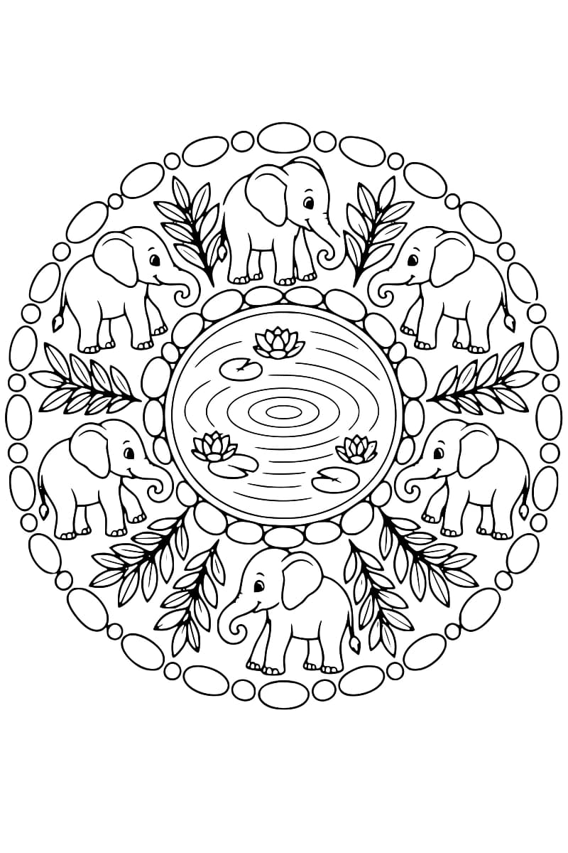 Mandala symétrique de six éléphants autour d’un point d’eau avec des nénuphars et des feuillages.