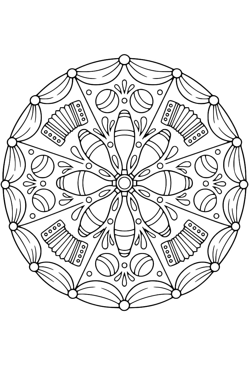 Dessin circulaire en noir et blanc avec huit massues disposées en rosace au centre, huit balles et quatre accordéons autour, le tout entouré de rideaux festonnés.