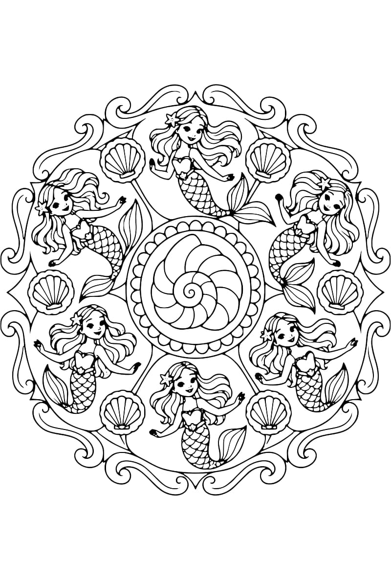 Dessin en noir et blanc de six sirènes disposées en cercle autour d’un coquillage spiralé central, avec des coquilles et des motifs de vagues.