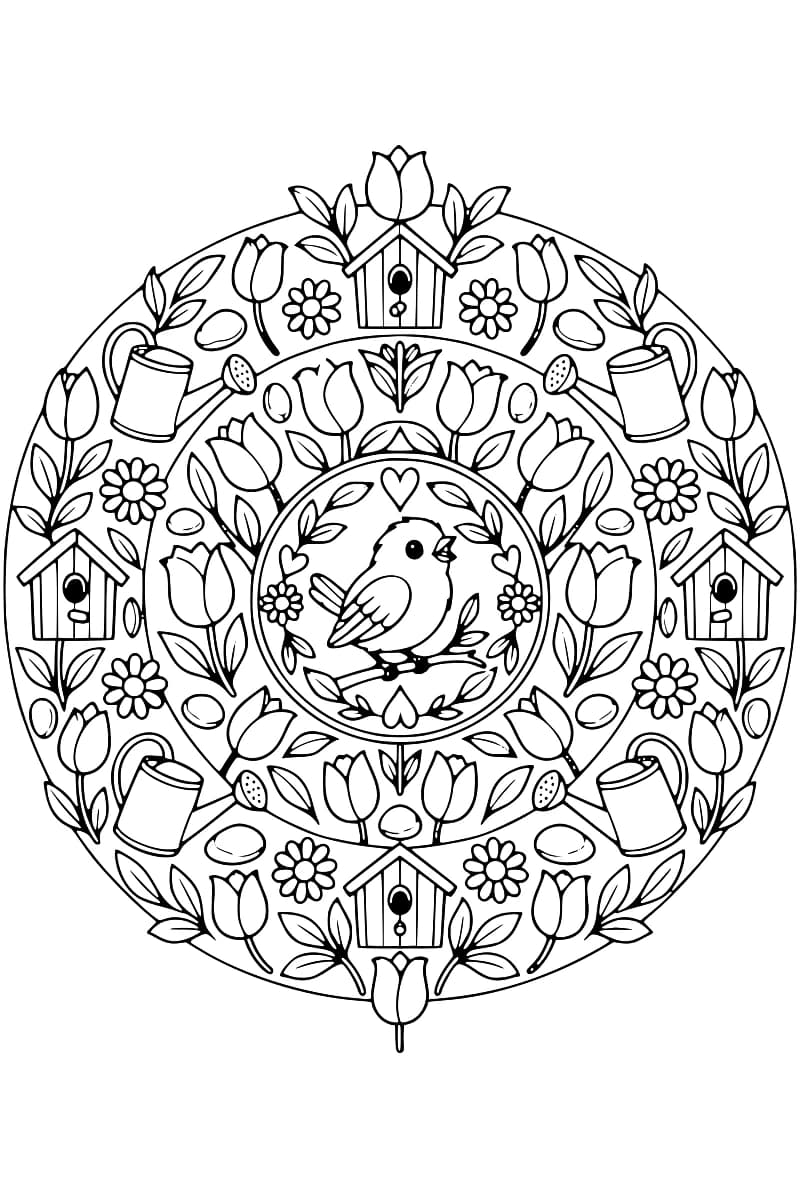 Rosace en noir et blanc représentant un oisillon entouré de fleurs, de feuilles, d’arrosoirs et de nichoirs.