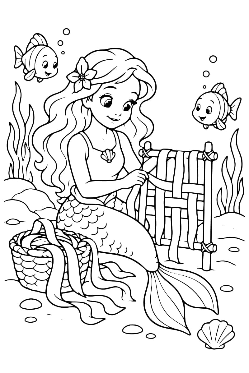Dessin en noir et blanc d’une sirène aux longs cheveux ornés d’une fleur, tissant des bandes sur un cadre en bois, avec deux poissons, un panier, des algues et un coquillage.