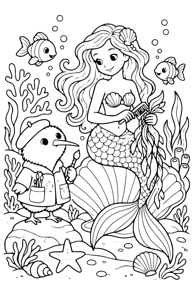 Dessin en noir et blanc représentant une sirène assise parmi les algues, deux poissons autour d’elle et le kiwi Koloriwi tenant un pinceau sur un rocher.