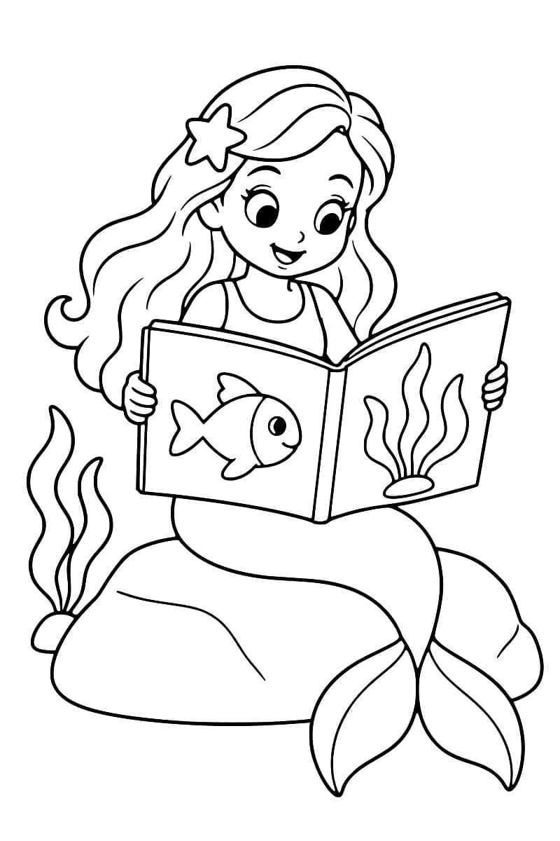 Dessin en noir et blanc d’une sirène souriante aux longs cheveux ornés d’une étoile de mer, assise sur un rocher et tenant un livre ouvert avec un poisson et une algue dessinés dessus.