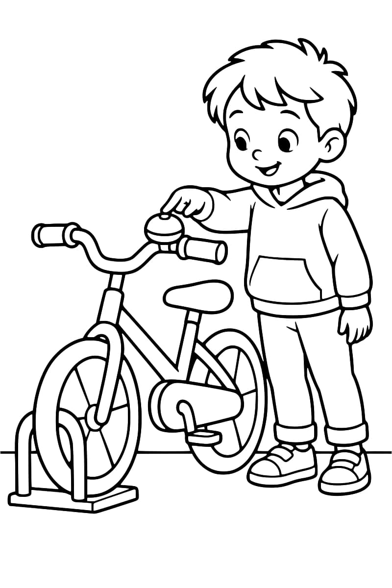 Dessin en noir et blanc d’un enfant en sweat à capuche, debout à côté d’un vélo, un doigt posé sur la sonnette du guidon ; la roue avant repose dans un support.