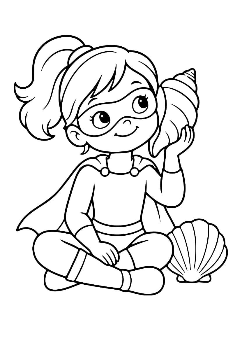 Dessin en noir et blanc d’une petite super-héroïne souriante, avec un masque, une cape et une queue de cheval, assise en tailleur et tenant un coquillage spiralé contre son oreille ; un second coquillage en éventail est posé à côté d’elle.