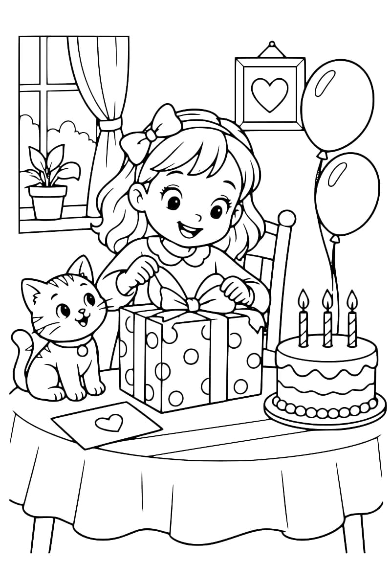Coloriage représentant une fille qui ouvre un grand cadeau à table, avec un chat, un gâteau d’anniversaire à trois bougies et deux ballons.