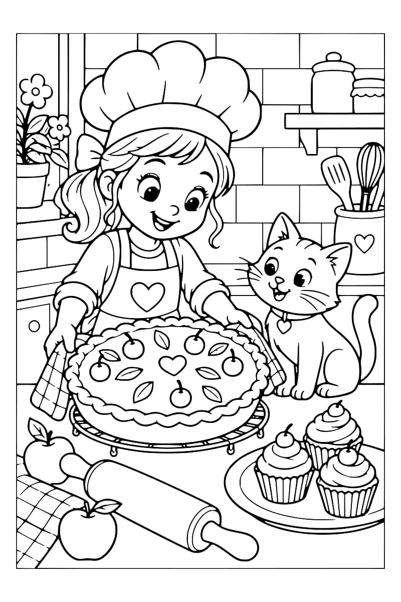 Coloriage d’une jeune pâtissière avec son chat, une tarte aux cerises, des cupcakes, des pommes et un rouleau à pâtisserie.