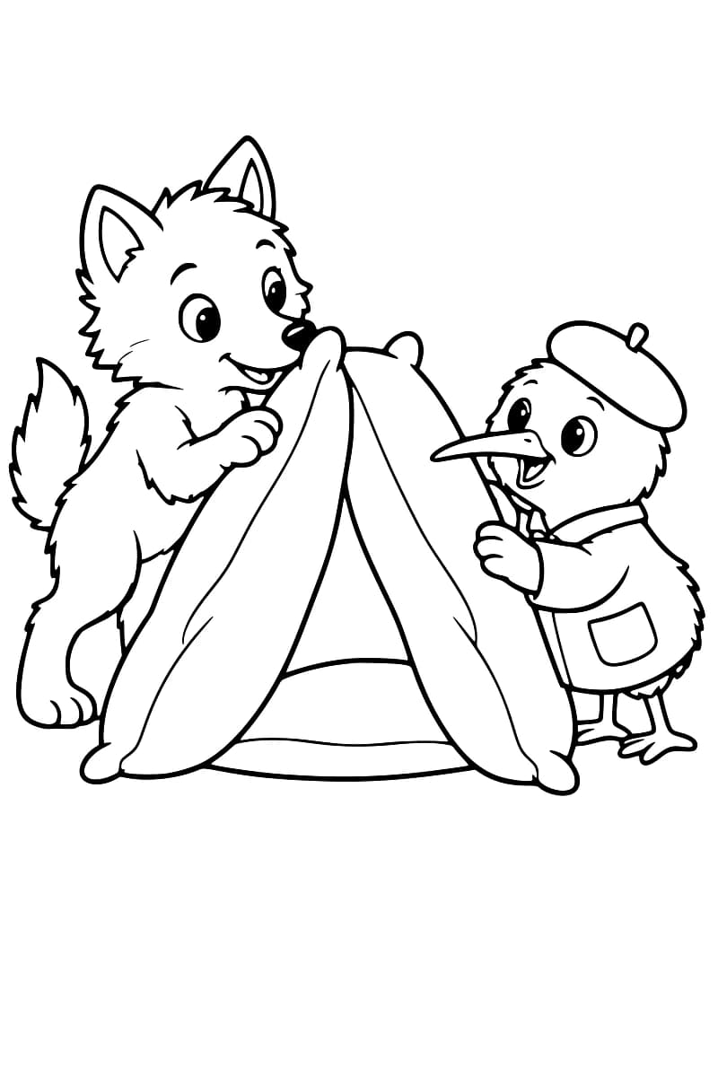 Dessin en noir et blanc d’un louveteau à gauche et d’un oiseau au long bec, vêtu d’une veste et d’un béret, à droite d’une tente dont ils tiennent les pans ouverts.