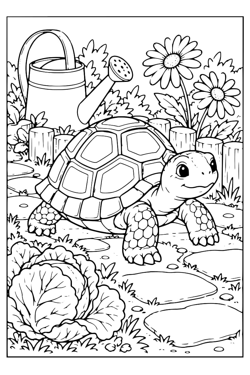 Dessin en noir et blanc d’une tortue dans un jardin fleuri, avec un arrosoir, des marguerites, des légumes et une clôture.
