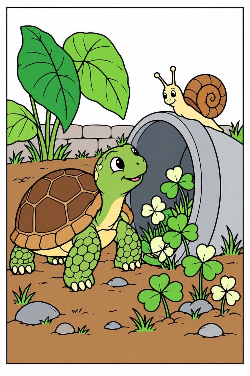 Dessin à colorier d’une tortue à la carapace à écailles devant un pot renversé sur lequel se tient un escargot, avec des trèfles, de grandes feuilles, des touffes d’herbe et des pierres. (exemple colorié)