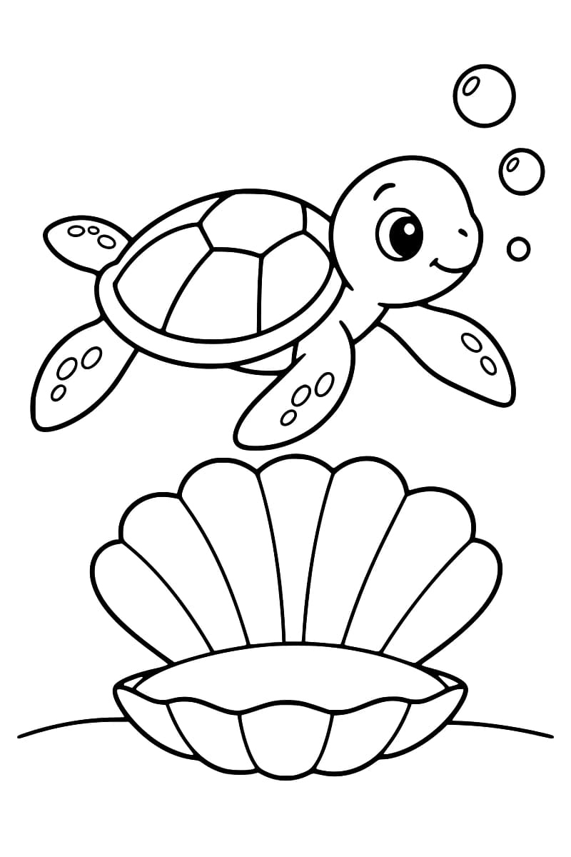 Dessin en noir et blanc d’une tortue marine à la carapace segmentée et aux nageoires tachetées, au-dessus d’un grand coquillage ouvert, avec trois bulles à droite.