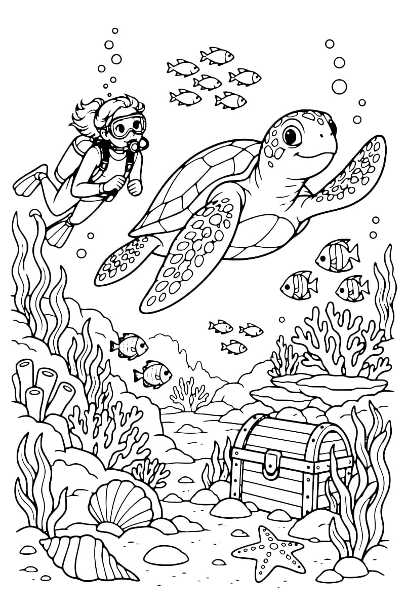 Dessin en noir et blanc d’une plongeuse, d’une grande tortue marine, de poissons, de coraux, de coquillages, d’une étoile de mer et d’un coffre au trésor sous l’eau.