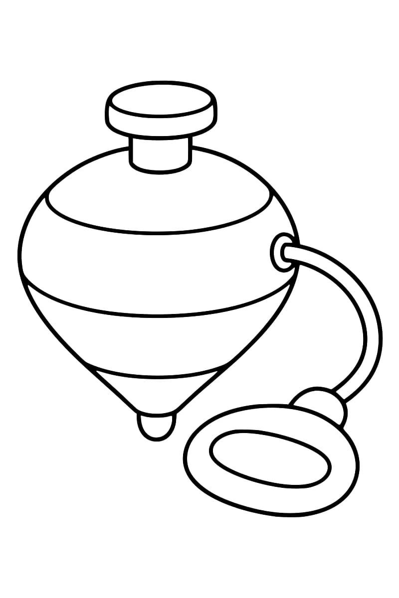Dessin en noir et blanc d’une toupie à pointe arrondie, surmontée d’un bouton plat et reliée à droite à une poignée ovale par une ficelle.