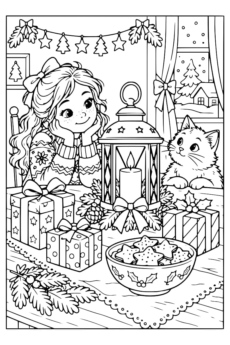 Dessin à colorier représentant une enfant et un chat près d’une lanterne, entourés de cadeaux, de biscuits et de décorations de Noël.