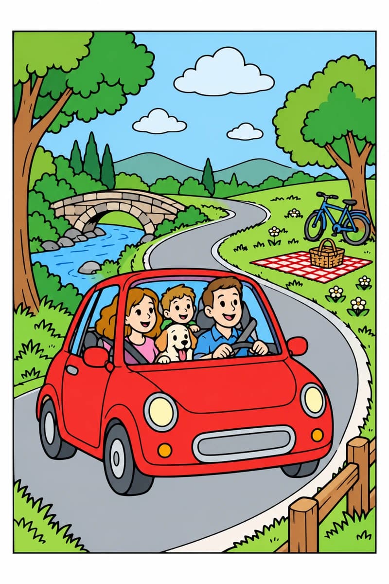 Une famille avec un chien est assise dans une petite voiture qui roule sur une route de campagne, devant un pont en pierre et un vélo posé près d’une couverture de pique-nique. (exemple colorié)