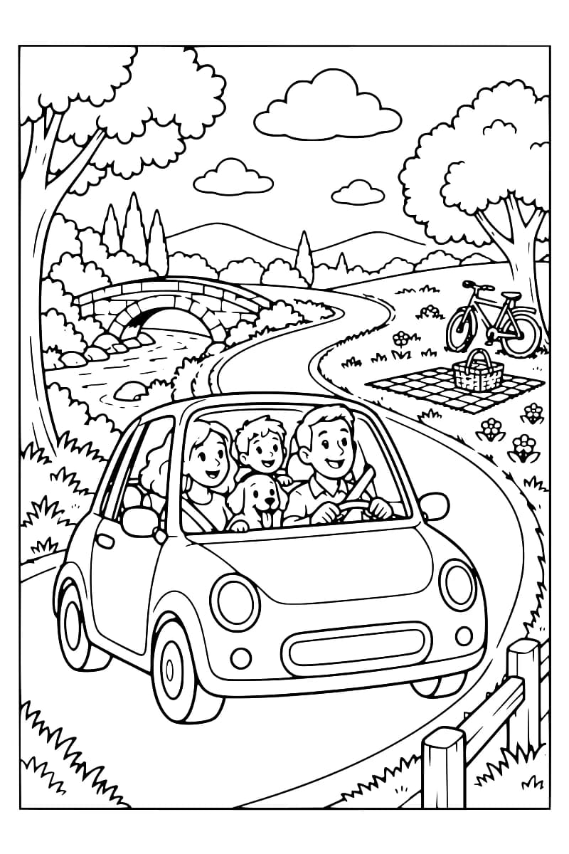 Une famille avec un chien est assise dans une petite voiture qui roule sur une route de campagne, devant un pont en pierre et un vélo posé près d’une couverture de pique-nique.