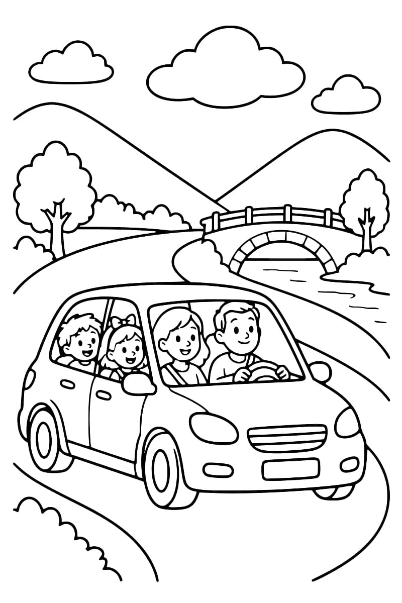 Dessin en noir et blanc d’une voiture familiale avec quatre passagers roulant sur une route sinueuse, avec un pont, des arbres, des collines et des nuages.
