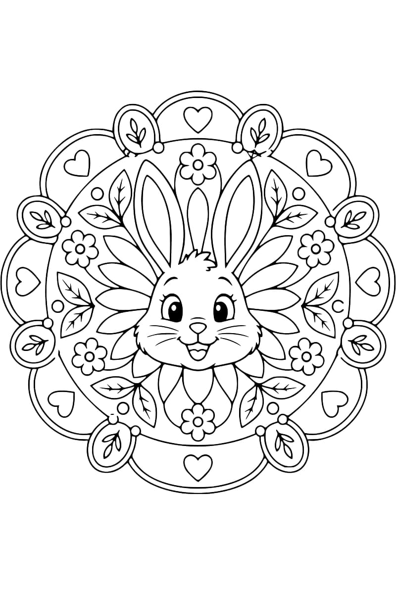 Dessin en noir et blanc d’une tête de lapin souriante au centre d’un mandala circulaire, avec de grands pétales, des fleurs, des feuilles et une bordure festonnée ornée de cœurs.