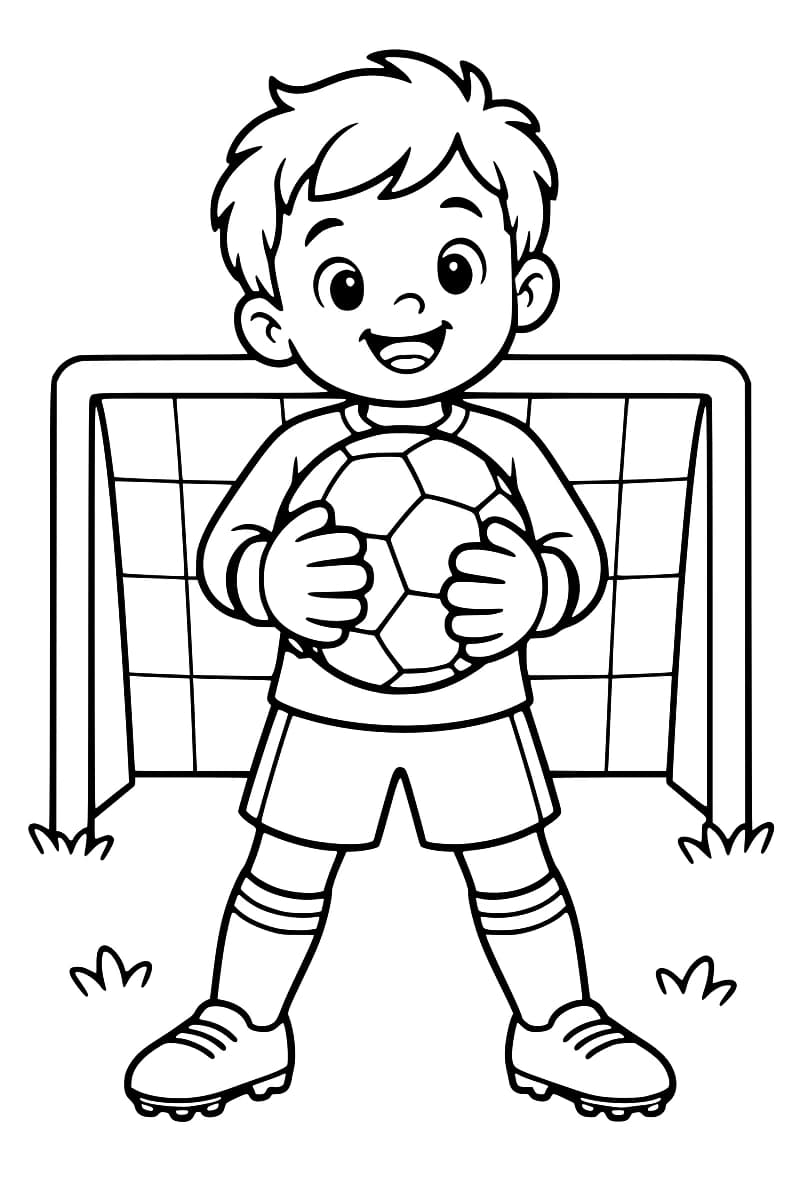 Dessin en noir et blanc d’un enfant gardien de but, debout jambes écartées devant un filet, tenant un ballon avec ses gants et portant un short, de longues chaussettes et des chaussures à crampons.