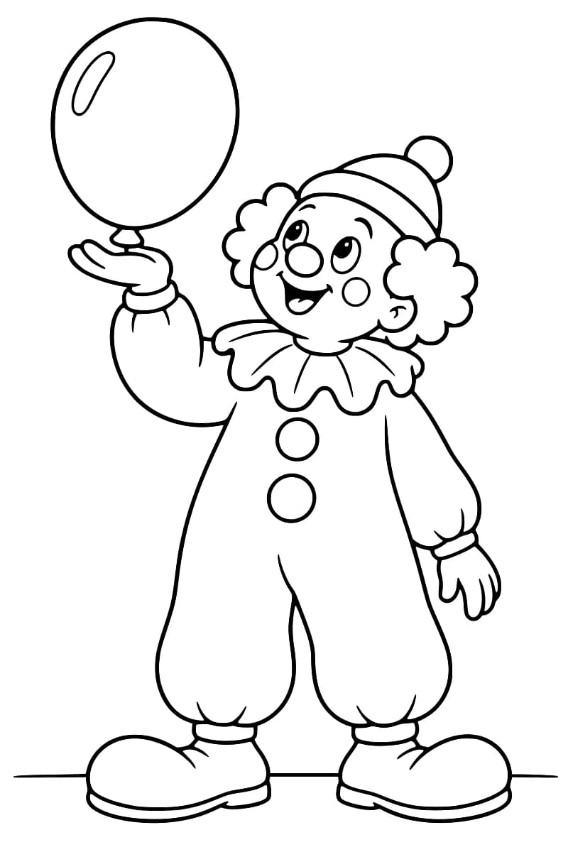 Dessin en noir et blanc d’un clown debout, coiffé d’un bonnet à pompon et vêtu d’un costume à collerette et à deux gros boutons, qui présente un ballon sur sa paume levée.