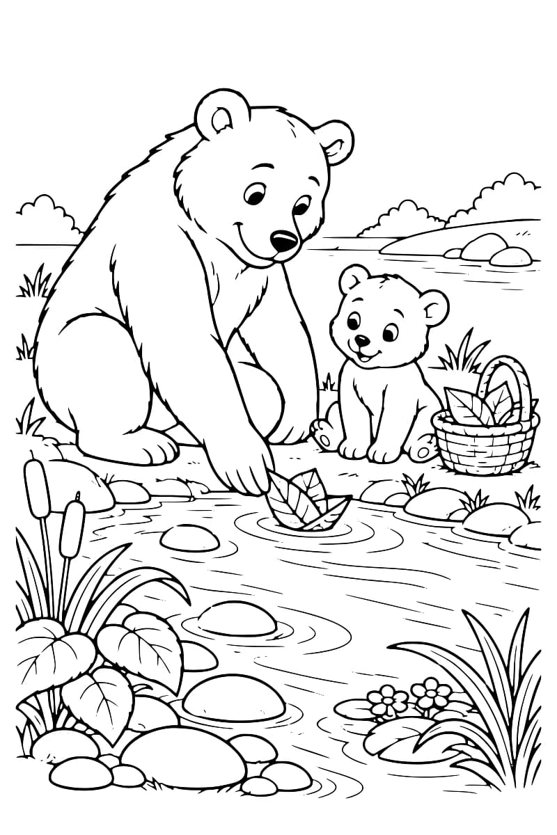 Dessin en noir et blanc d’un ours mettant un bateau de feuilles à l’eau devant un ourson assis près d’un panier rempli de feuilles, au bord d’un ruisseau entouré de pierres, de plantes et de fleurs.