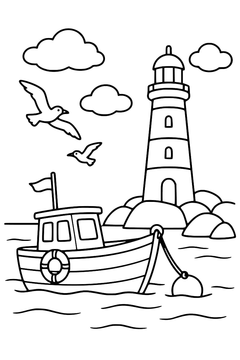 Dessin en noir et blanc d’un bateau sur la mer devant un phare, entouré de rochers, de mouettes et de nuages.