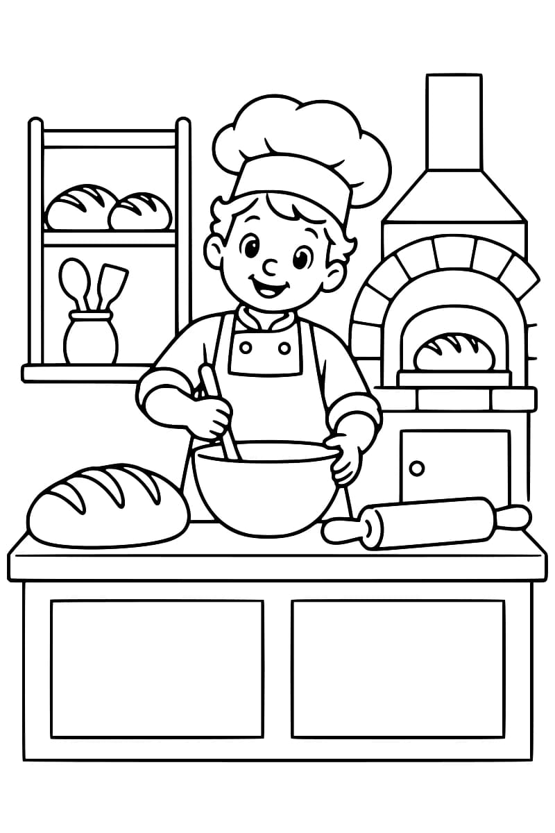 Dessin en noir et blanc d’un boulanger avec une toque et un tablier, préparant de la pâte dans son atelier.