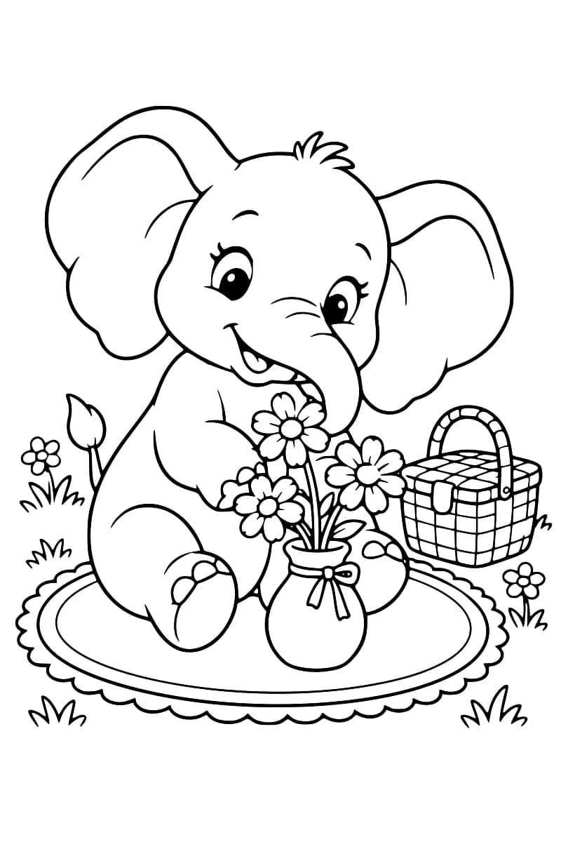 Dessin en noir et blanc d’un éléphanteau aux grandes oreilles, assis sur un tapis ovale bordé de festons, la trompe près de trois fleurs dans un vase décoré d’un nœud, avec un panier à anse à droite et quelques fleurs et touffes d’herbe autour.