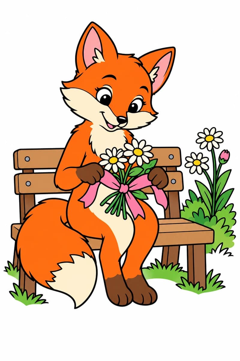 Dessin au trait noir sur fond blanc d’un renard assis sur un banc, tenant un bouquet de marguerites avec un grand nœud, près de fleurs et de touffes d’herbe. (exemple colorié)