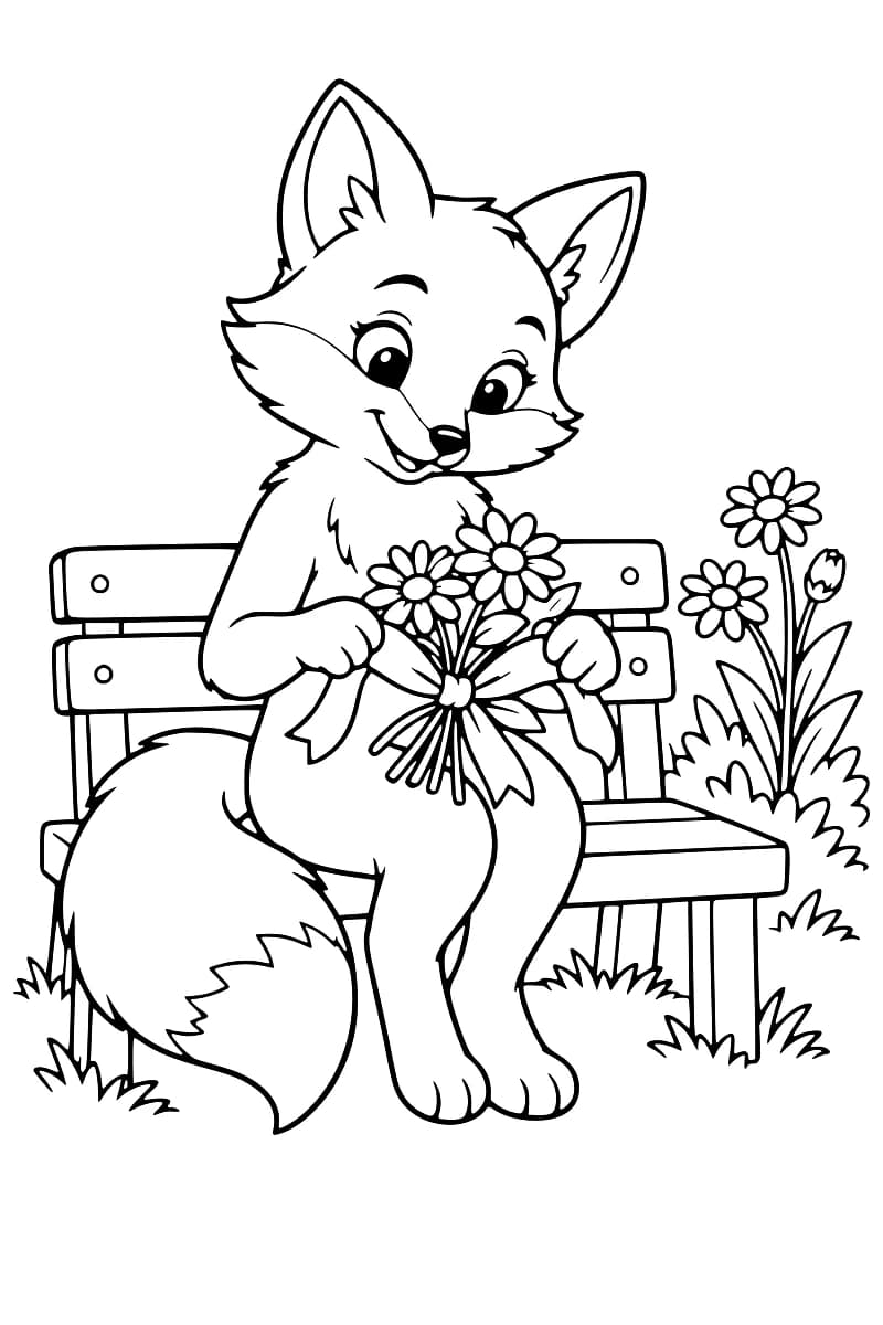 Dessin au trait noir sur fond blanc d’un renard assis sur un banc, tenant un bouquet de marguerites avec un grand nœud, près de fleurs et de touffes d’herbe.