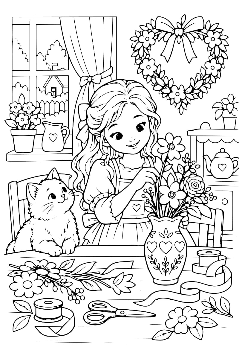 Dessin à colorier d’une enfant arrangeant des fleurs dans un vase, avec un chat à ses côtés et du matériel créatif sur la table.