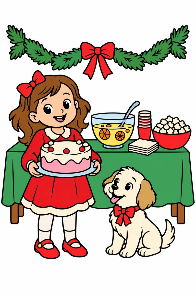 Une fille souriante tient un gâteau rond devant une table garnie de boissons, de pop-corn, de gobelets et de serviettes, sous une guirlande avec un nœud, à côté d’un chien. (exemple colorié)