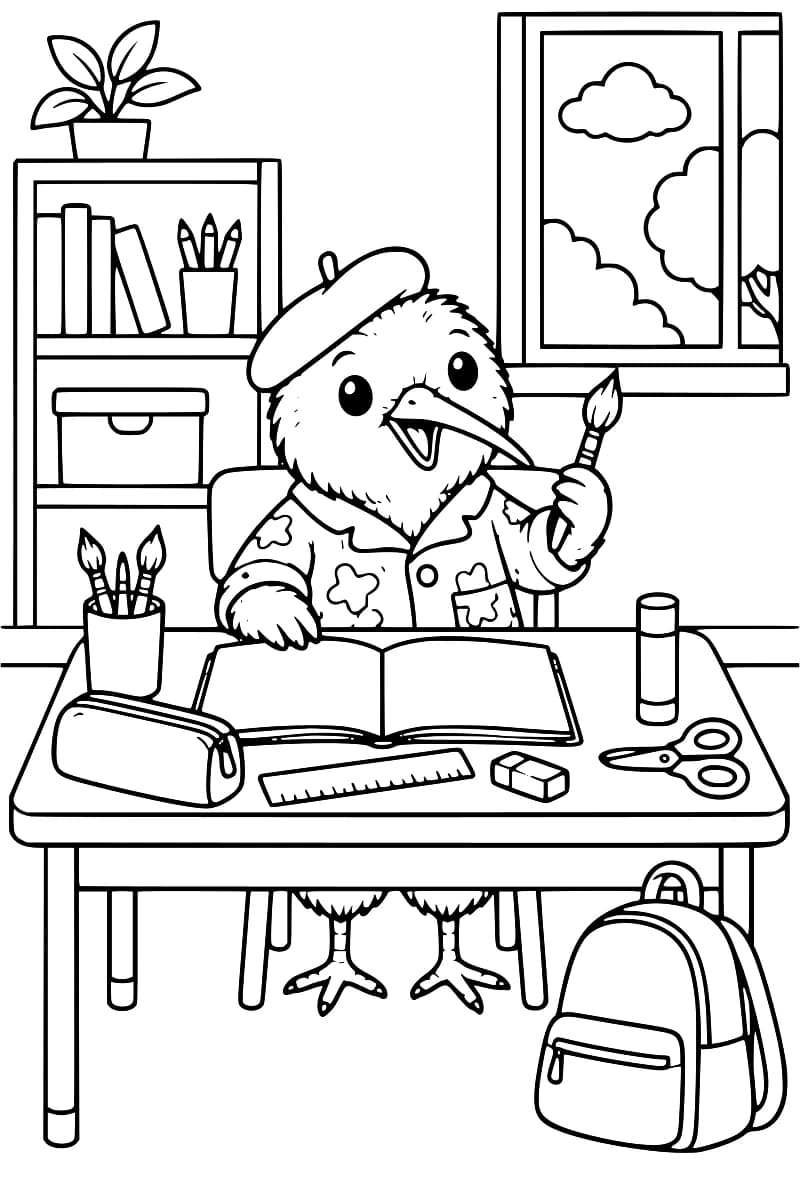 Kiwi assis à un bureau avec un cahier ouvert, des pinceaux, une règle, des ciseaux et un sac à dos.