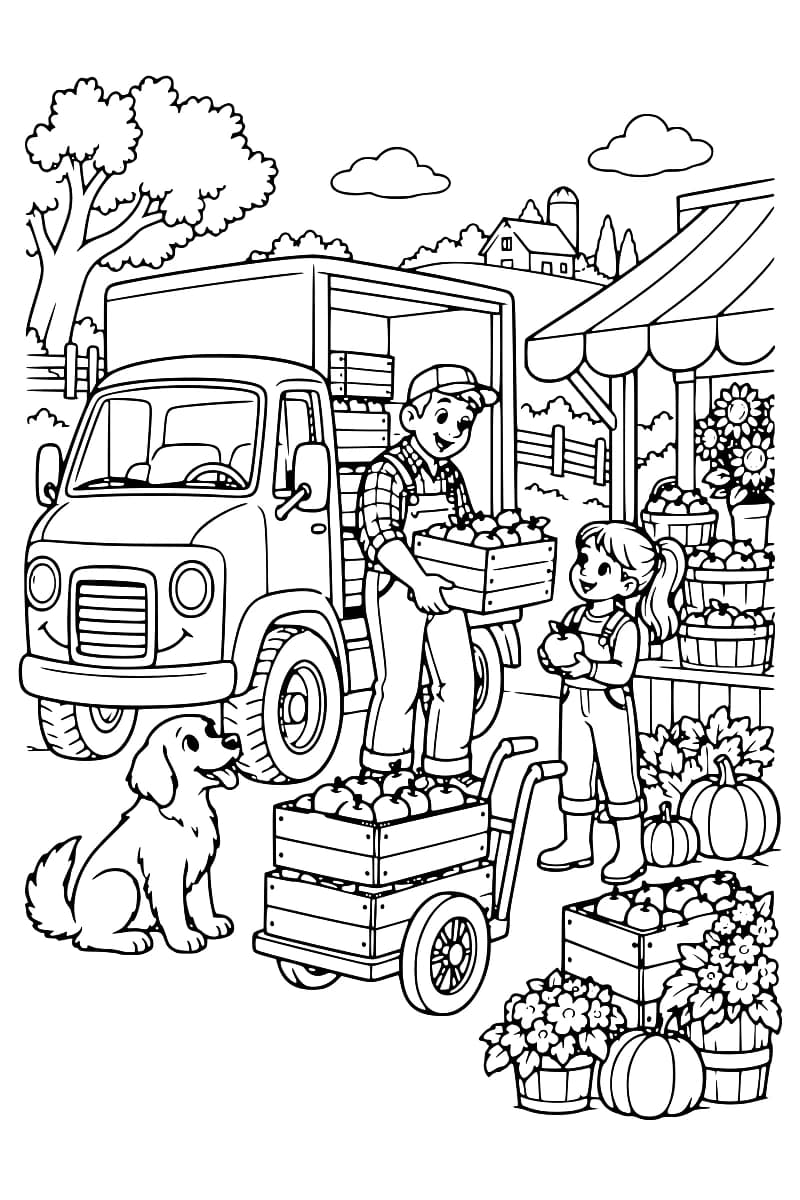 Dessin en noir et blanc montrant un camion près d’un étal de marché, un maraîcher portant une caisse de fruits, une enfant, un chien, des fleurs et des citrouilles.