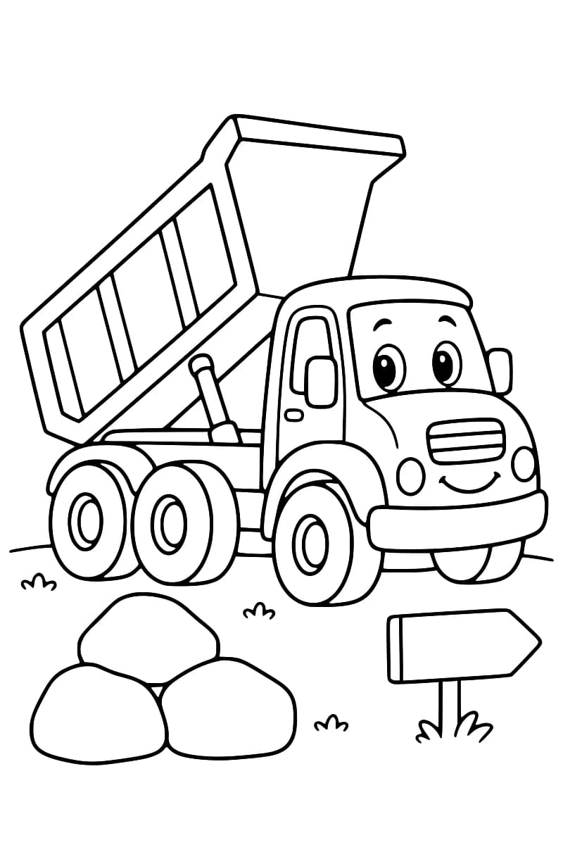 Dessin en noir et blanc d’un camion-benne à visage souriant, avec sa benne relevée, des cailloux et un panneau directionnel.