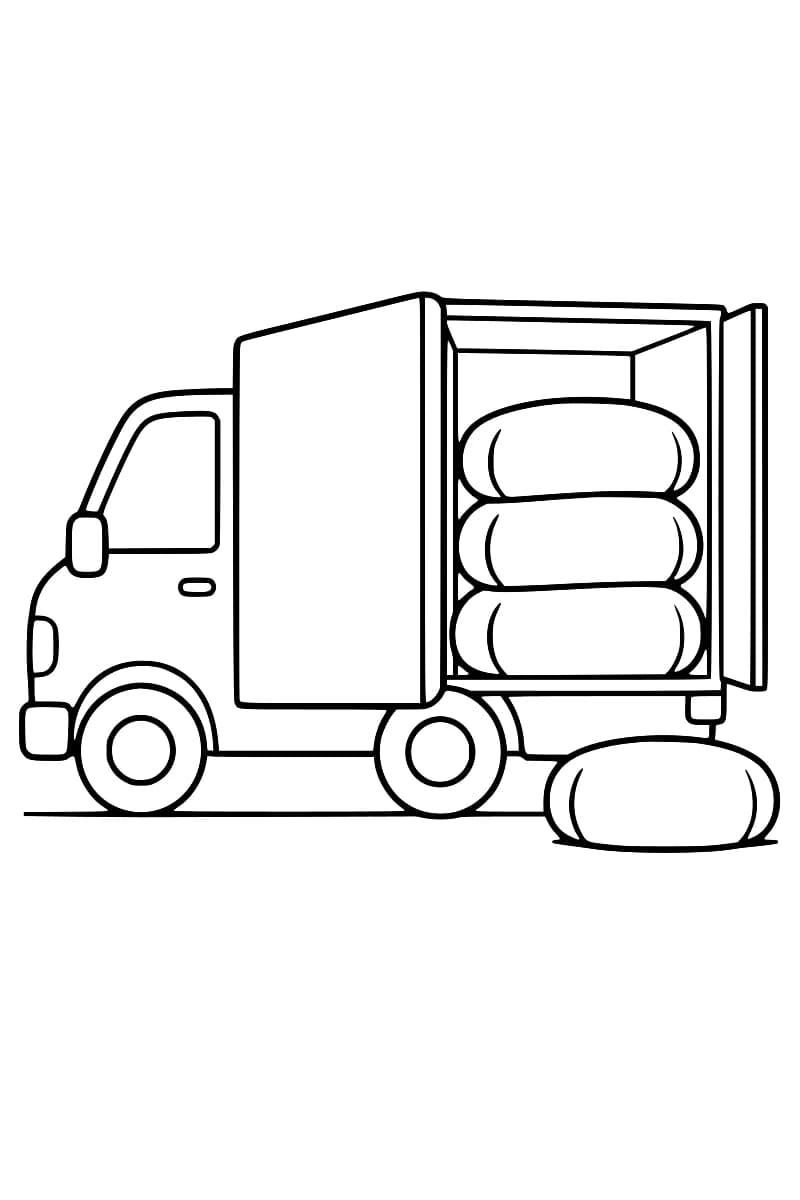Dessin en noir et blanc d’un camion vu de côté, avec trois coussins dans la caisse ouverte et un autre au sol.