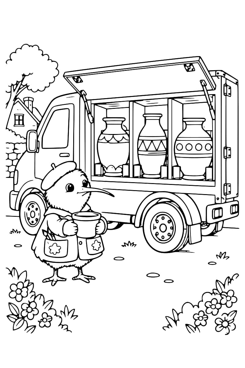 Kiwi, coiffé d’un béret et portant un tablier, tient un pot devant un camion ouvert contenant trois grandes poteries.