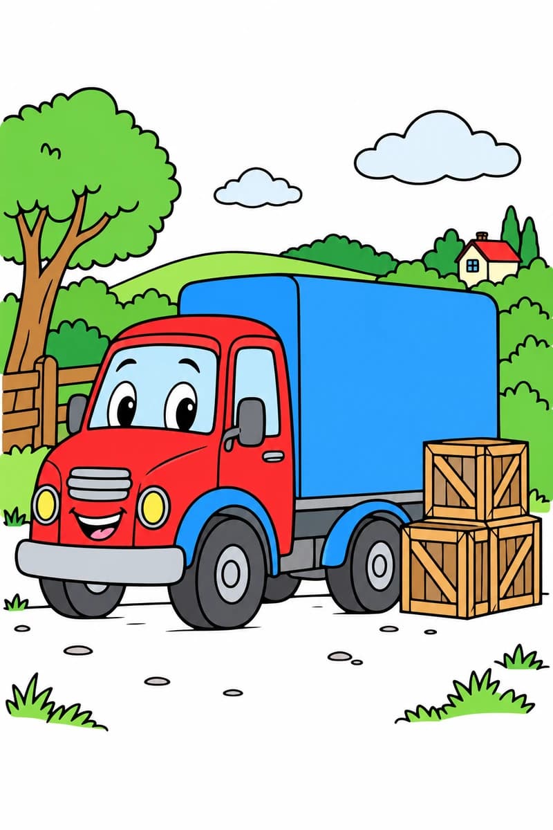 Dessin en noir et blanc d’un camion souriant garé devant des arbres, des buissons et une maison, avec trois caisses en bois empilées à l’avant. (exemple colorié)