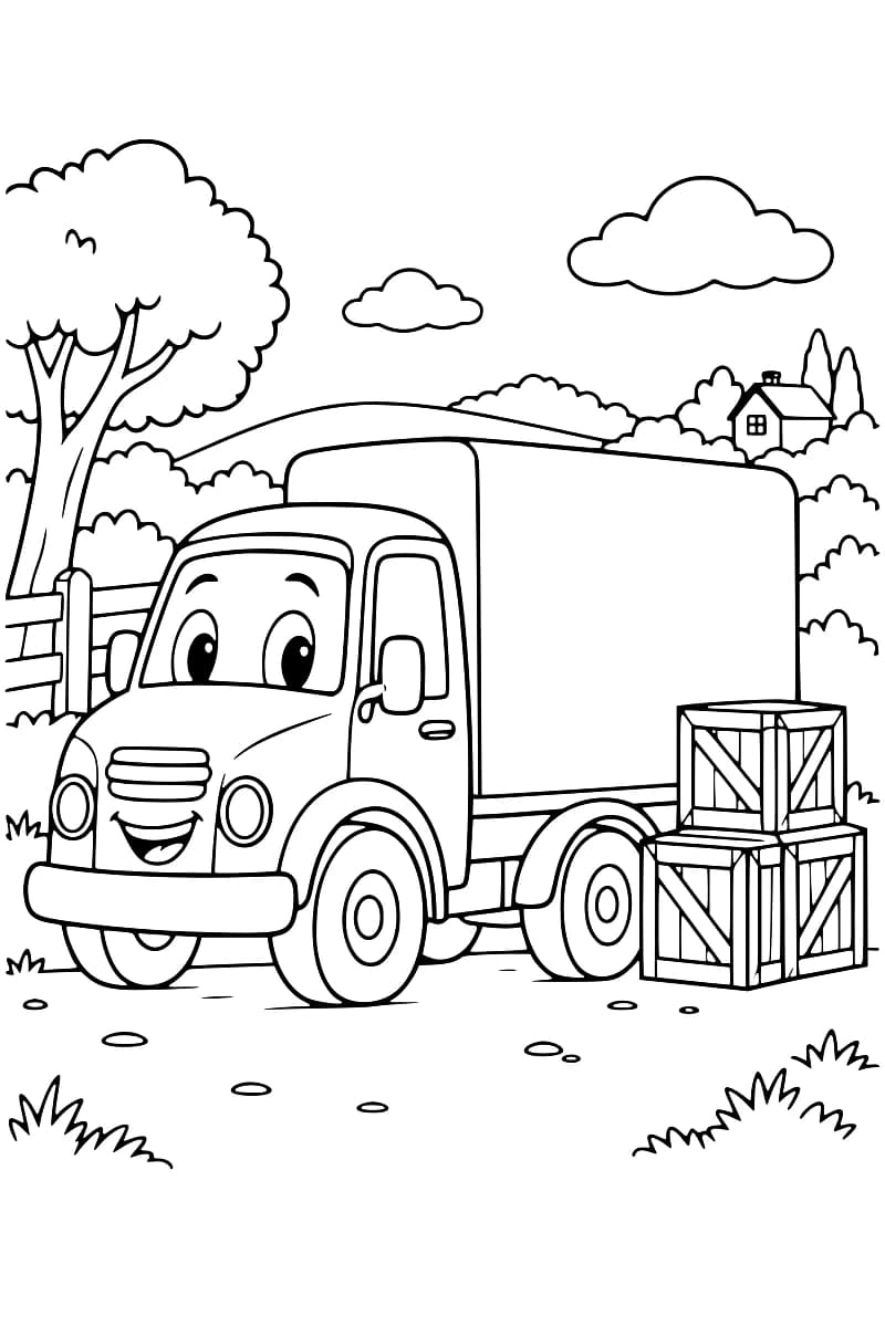 Dessin en noir et blanc d’un camion souriant garé devant des arbres, des buissons et une maison, avec trois caisses en bois empilées à l’avant.