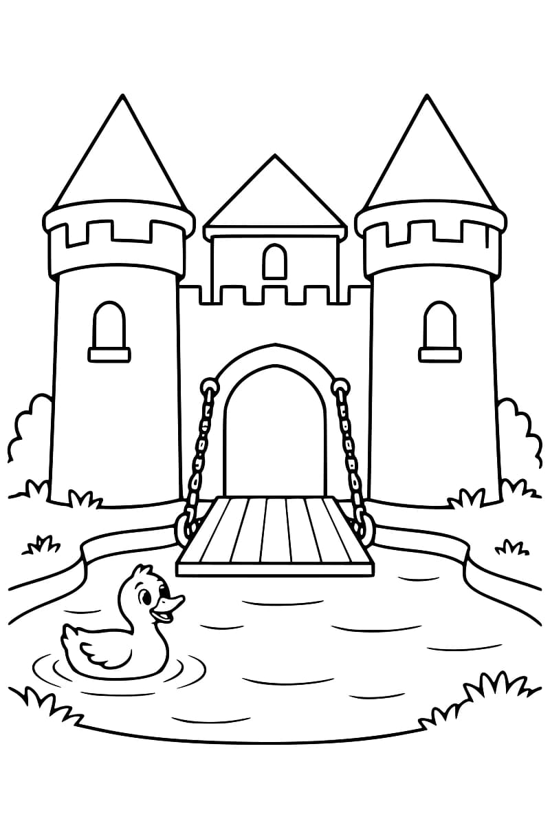 Dessin au trait noir d’un château fort avec deux grandes tours à toits pointus, une tour centrale et un pont-levis abaissé sur les douves où nage un canard.