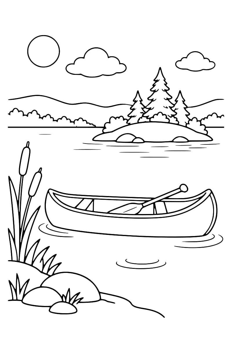Dessin en noir et blanc d’un canoë avec une pagaie sur un lac, au premier plan de roseaux, avec une île boisée en arrière-plan.