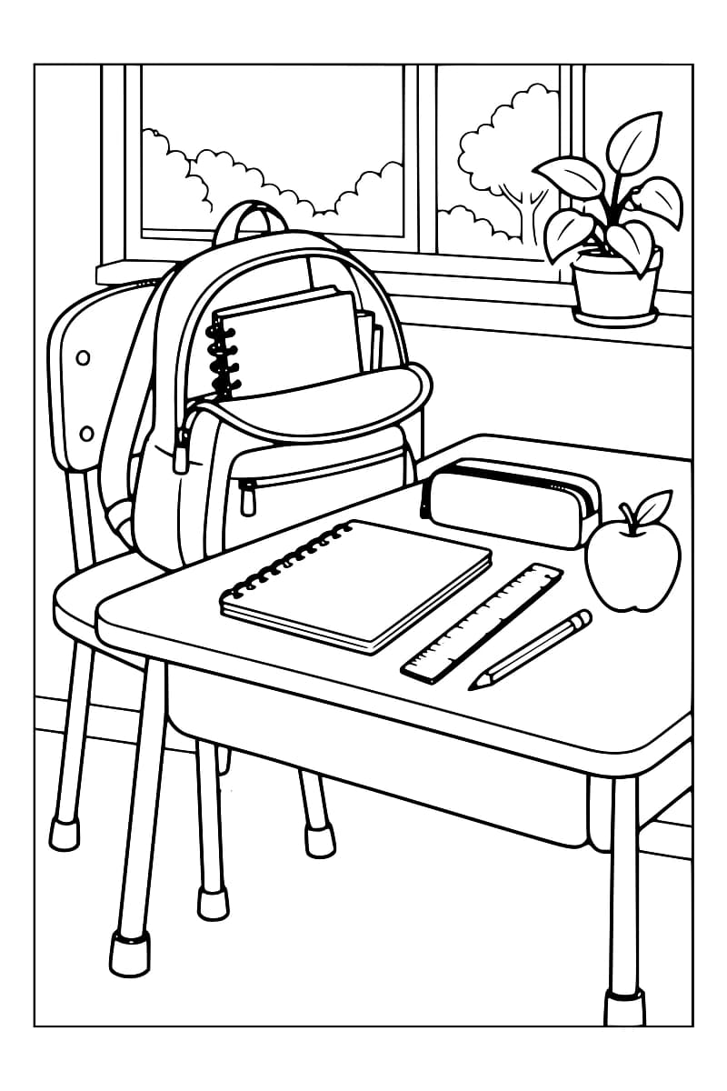 Dessin en noir et blanc d’un cartable ouvert, d’un cahier, d’une trousse, d’une règle, d’un crayon et d’une pomme sur un bureau de classe.