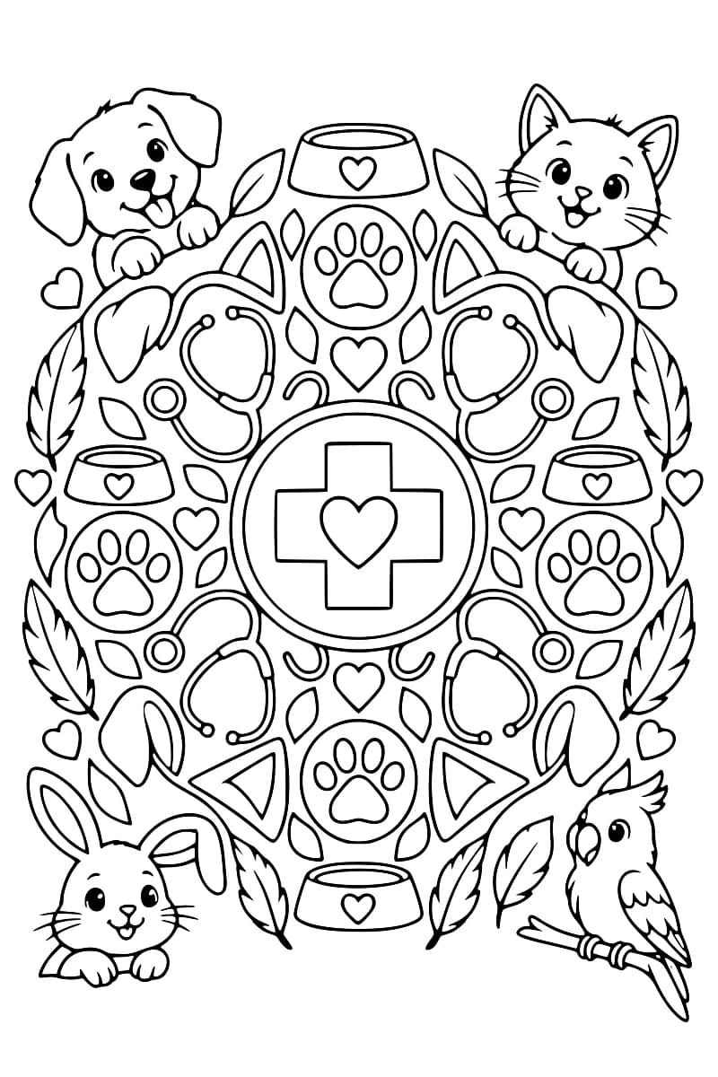 Illustration en noir et blanc d’un mandala vétérinaire avec un chien, des chats, un perroquet, des gamelles, des empreintes et des stéthoscopes.