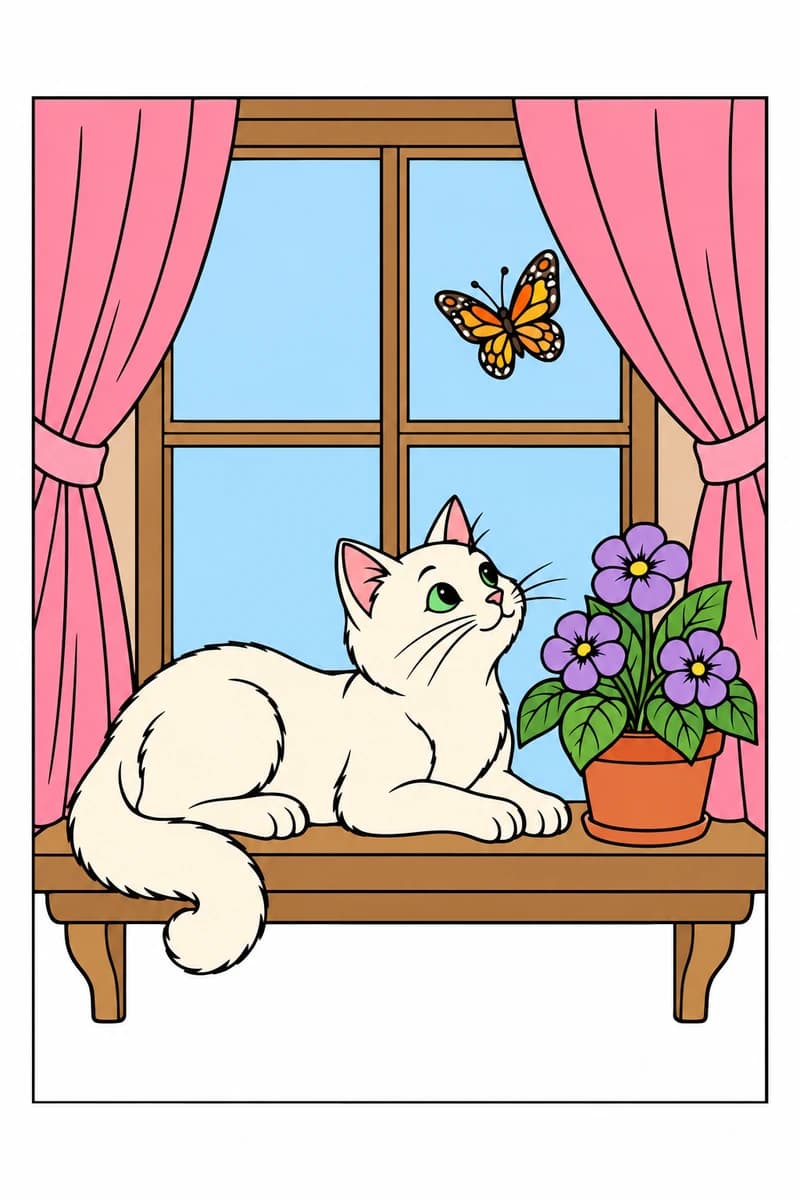 Chat allongé sur un rebord de fenêtre entre des rideaux, avec un papillon derrière la vitre et un pot de fleurs à ses côtés. (exemple colorié)