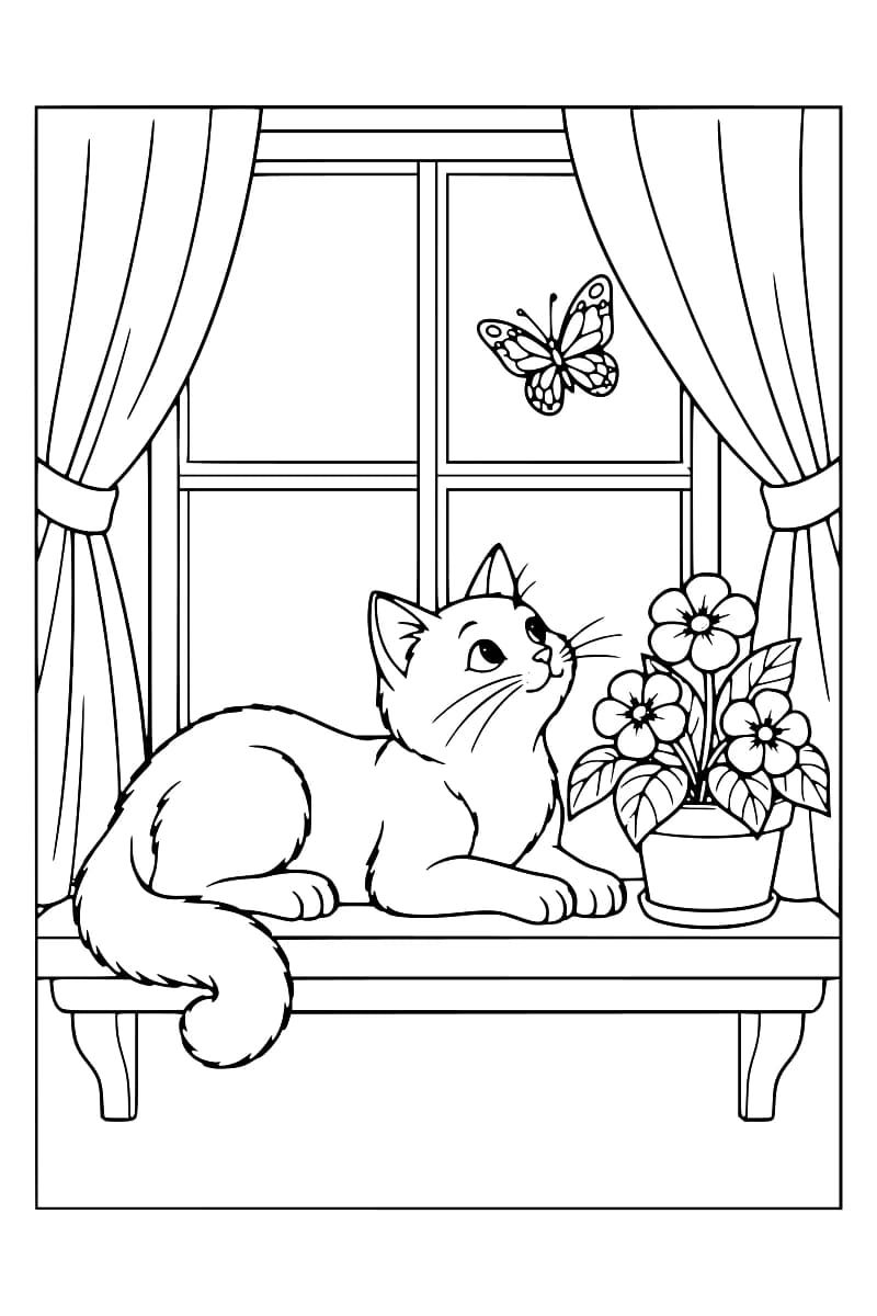 Chat allongé sur un rebord de fenêtre entre des rideaux, avec un papillon derrière la vitre et un pot de fleurs à ses côtés.