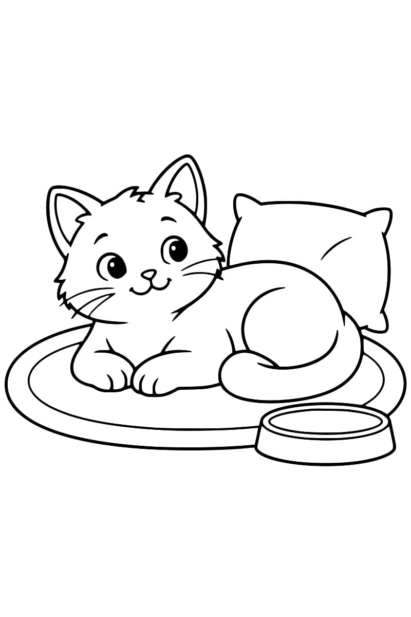 Dessin au trait d’un chat allongé sur un tapis ovale, accompagné d’un coussin et d’une écuelle.